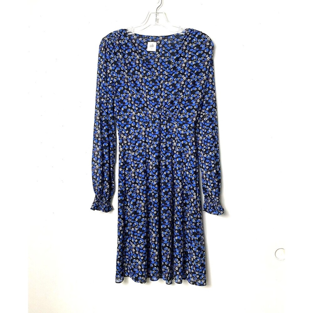 Cabi The Ten Dress Women Size S Blue Floral Long Sleeve Double Layer Semi Sheer